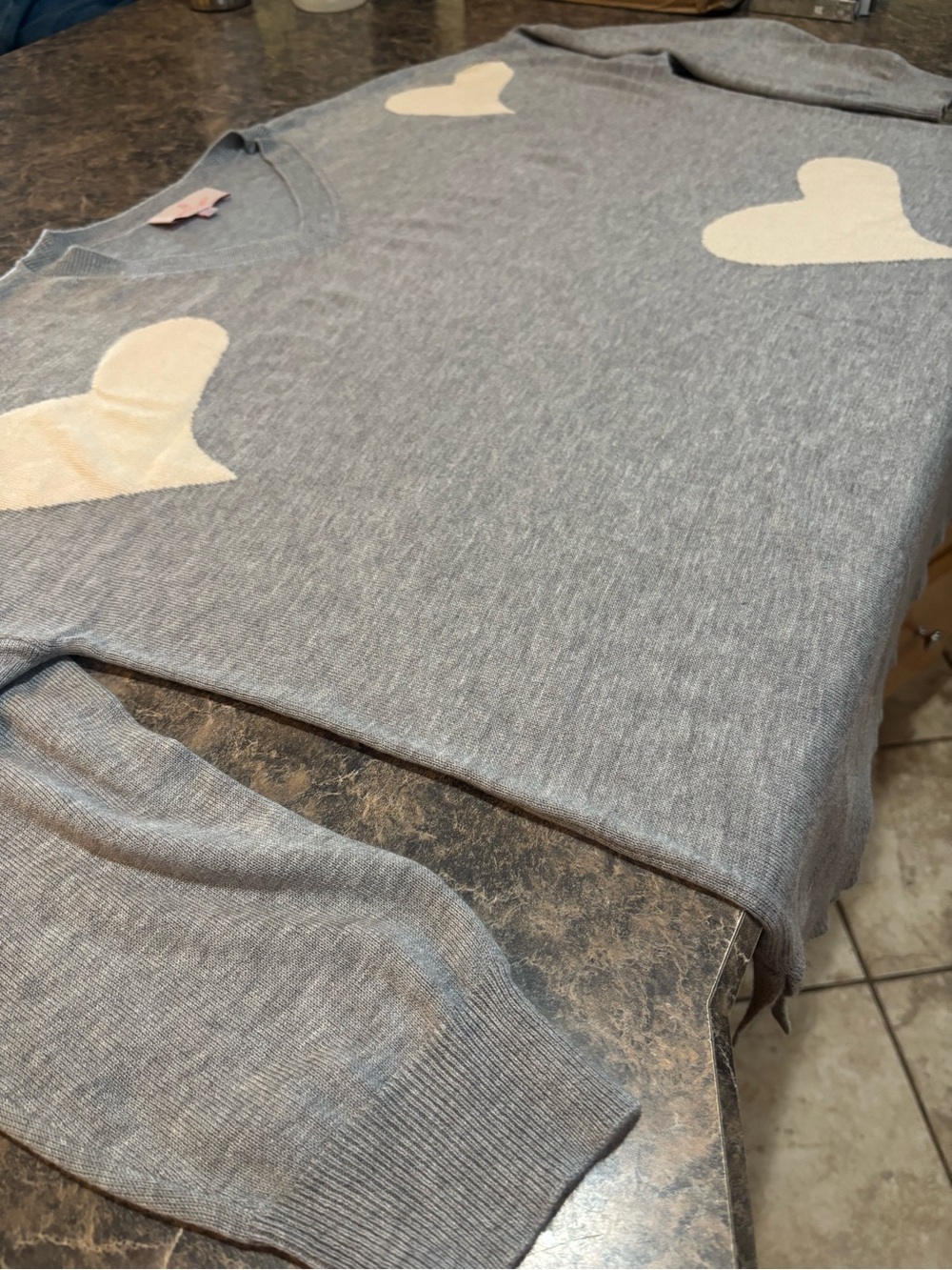 Laurie Felt Grey V-Neck Sweater with Cream Hearts